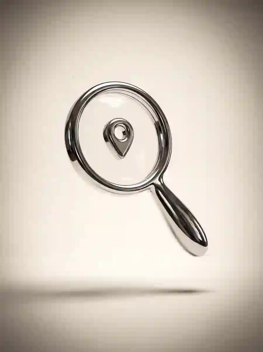Chrome magnifying glass with a map pin